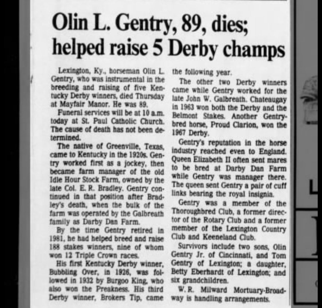 Newspaper obituary headline: Olin L. Gentry, 89, dies; helped raise 5 Derby champs