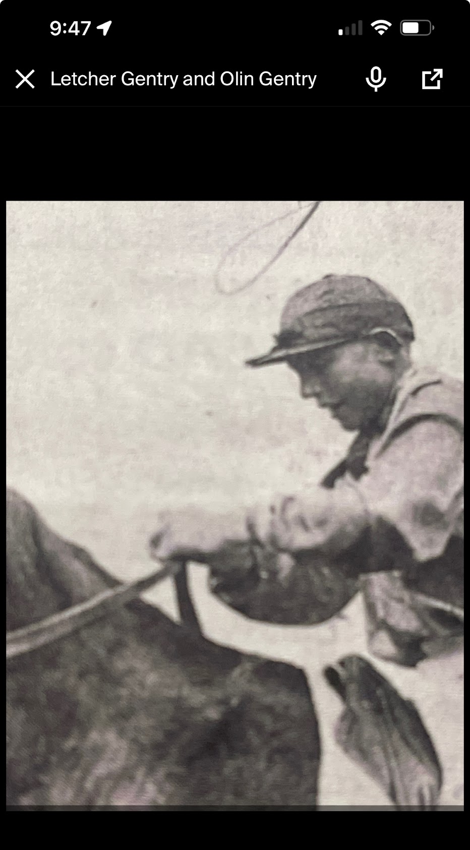 Letcher Gentry and Olin Gentry — historic photograph of the young horseman in a jockey cap astride a horse